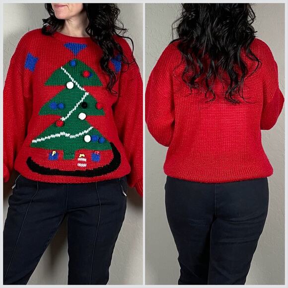 Vintage 1980s Red Christmas Tree 3D Graphic Holiday Sweater - Picture 4 of 8